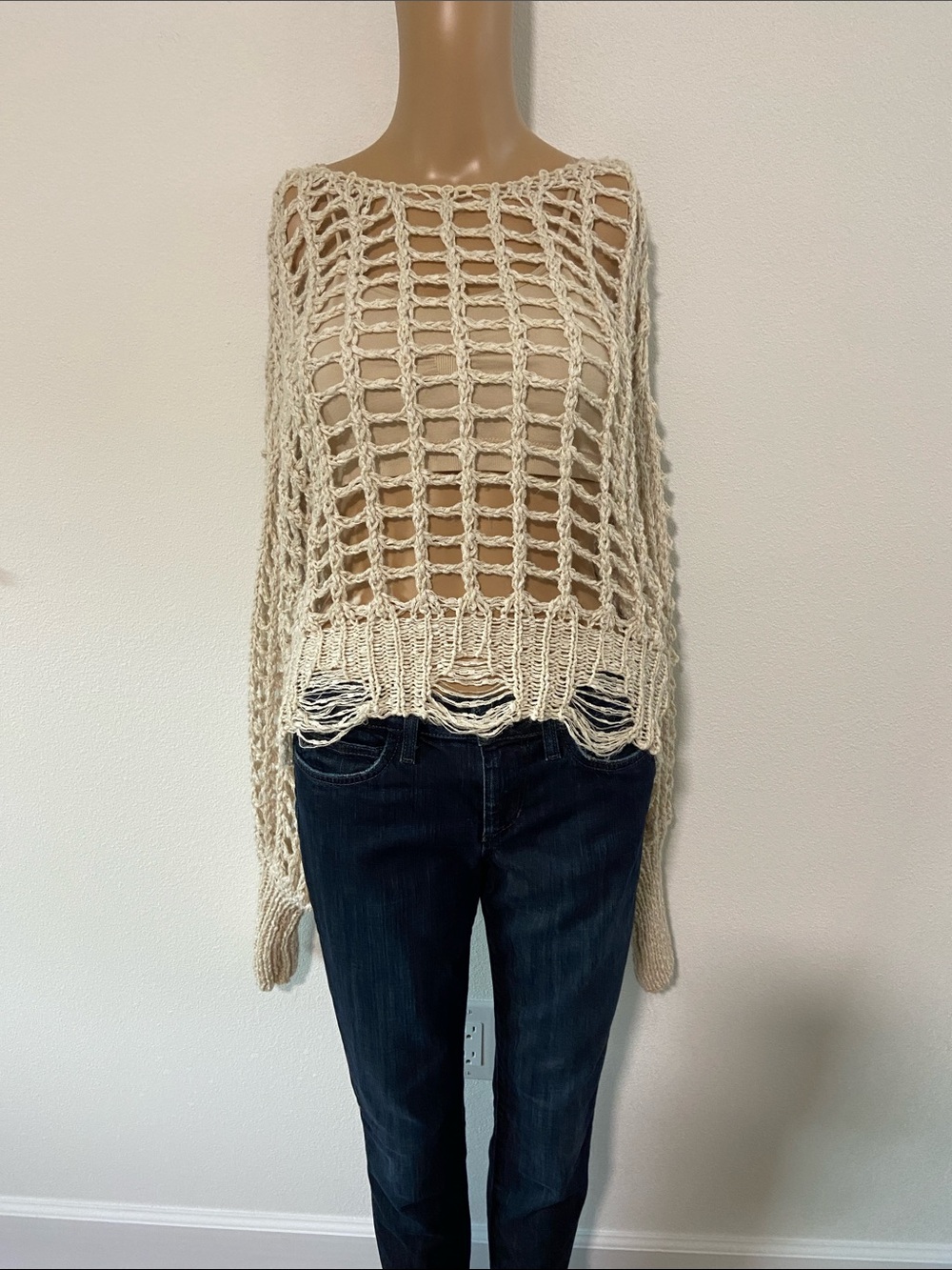 Source Unknown Cream Open-Knit Off-the-Shoulder Sweater